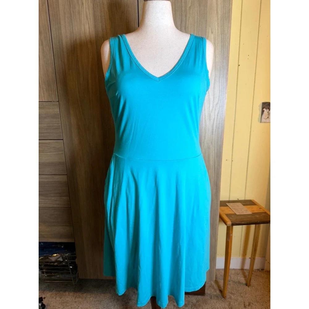 420. 2 Piece Set Dress and Kimono Teal Floral Bird Print XL Sleeveless V-Neck